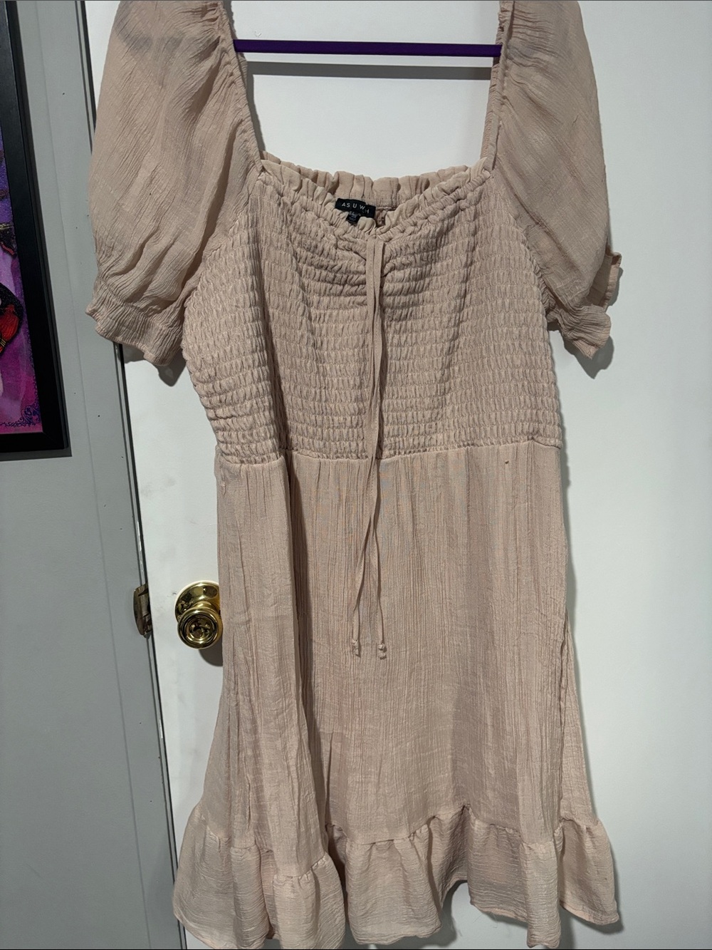 Beige Puff-Sleeve Smocked Midi Dress